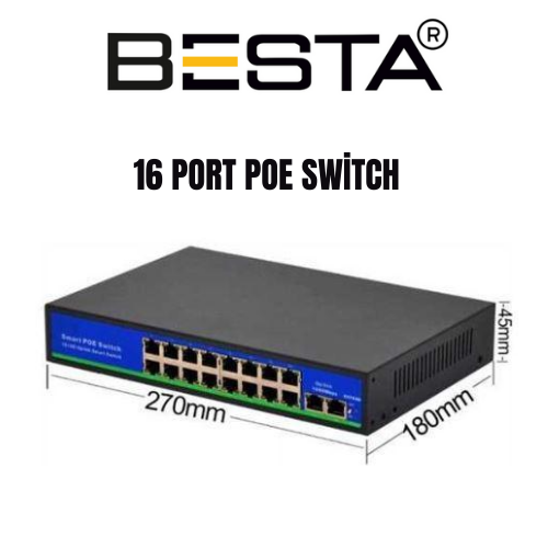 16 Port PoE Switch 10/100/1000 Mbps 2 Uplink + 2 SFP Port Yüksek Performanslı PoE Ağ Anahtarı