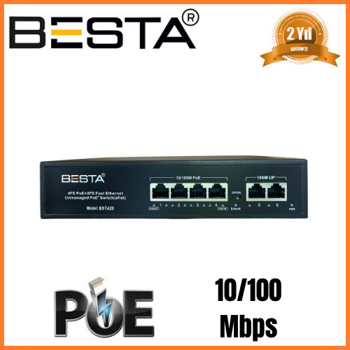 BESTA 6 Port PoE Switch 10/100 Mbps 4 Port PoE + 2 Uplink Kompakt Masaüstü PoE Ağ Anahtarı