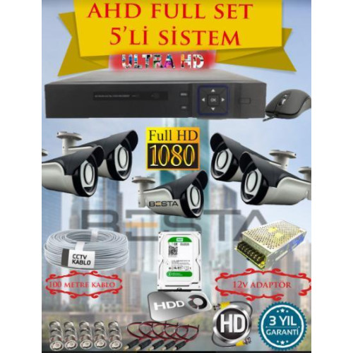 Besta KD-4155 2MP AHD Güvenlik Sistemi | 5 Kameralı | 1080P Gece Görüşlü | 500GB Harddisk Dahil